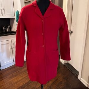 Vintage long red boiled 100% wool knit jacket /cardigan with collar  Size M ( 4)
